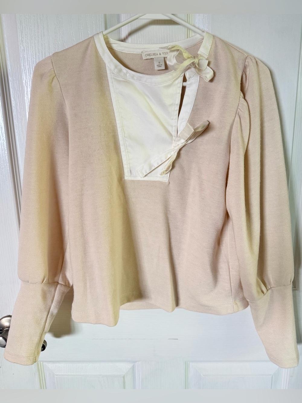 Chelsea & Violet Light Cream Bow-Neck Long Sleeve Top